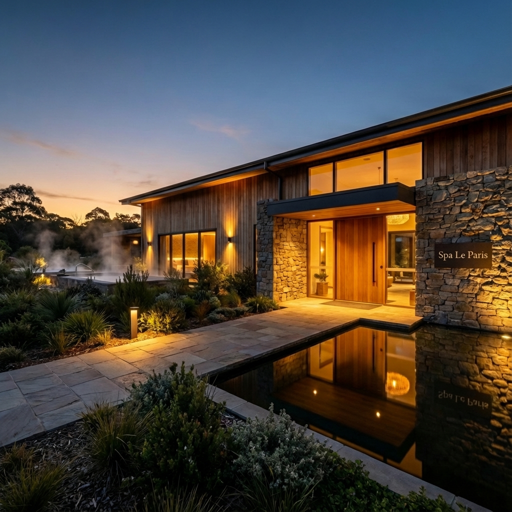 Luxury spa exterior at dusk
